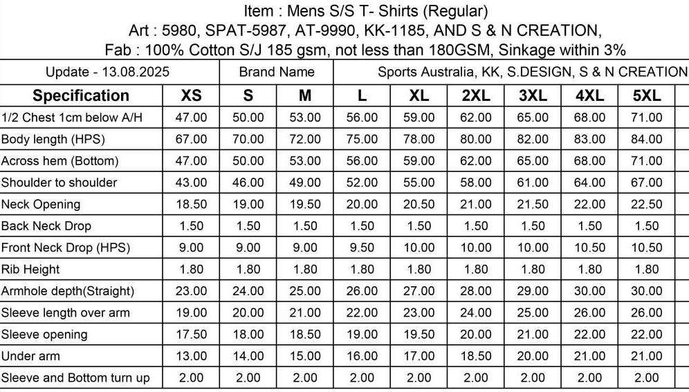 Adult T-shirt Measurements.