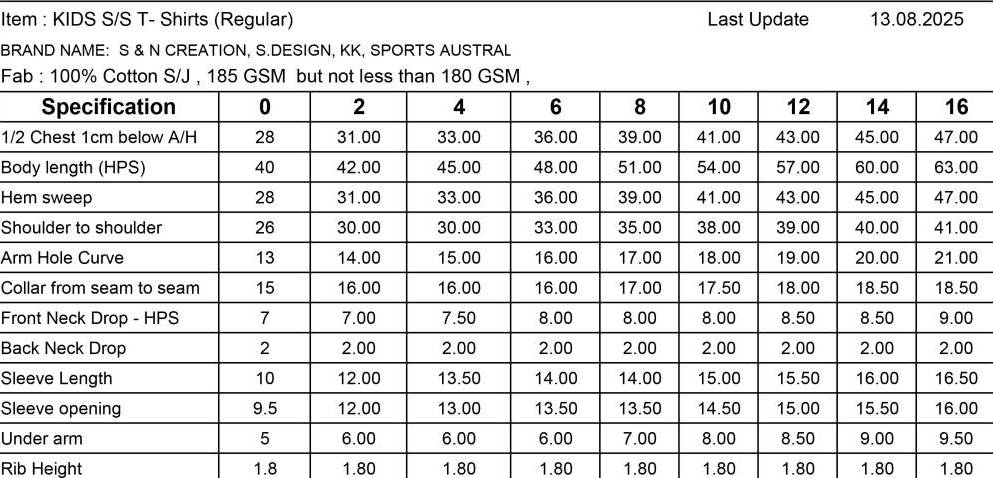 Kids T-shirt Measurements.